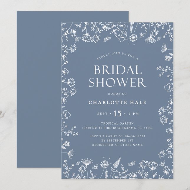 Botaniska blå Möhippa Inbjudningar (Fram/baksida)