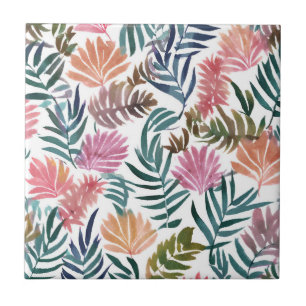 Botaniska blad akvarell   Blommigt färgglatt blad Kakelplatta