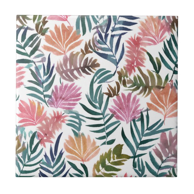 Botaniska blad akvarell | Blommigt färgglatt blad Kakelplatta (Framsidan)
