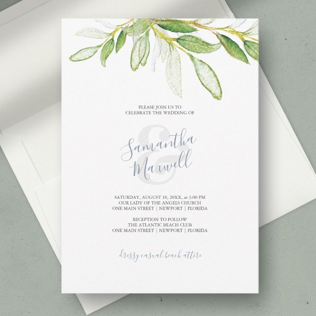 Botaniska blad trädgård bröllopsinbjudan (watercolour wedding invitations designed with hand painted greenery)