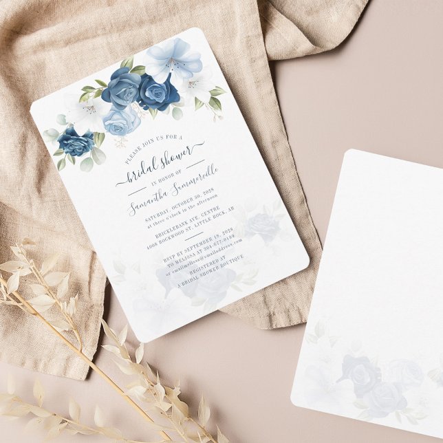 Botaniska Blommigten Dusty Blåa blommor Möhippa (Dusty Blue Floral Bridal Shower Invitation)