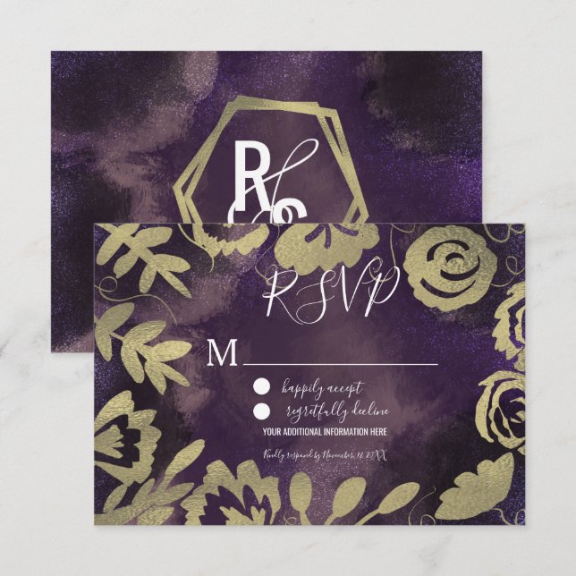 Botaniska Blommigten Garden Ro Guld Lila Bröllop Inbjudningar (Fram/baksida)