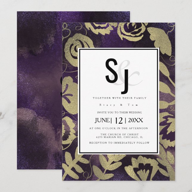 Botaniska Blommigten Garden Ro Guld Lila Bröllop Inbjudningar (Fram/baksida)