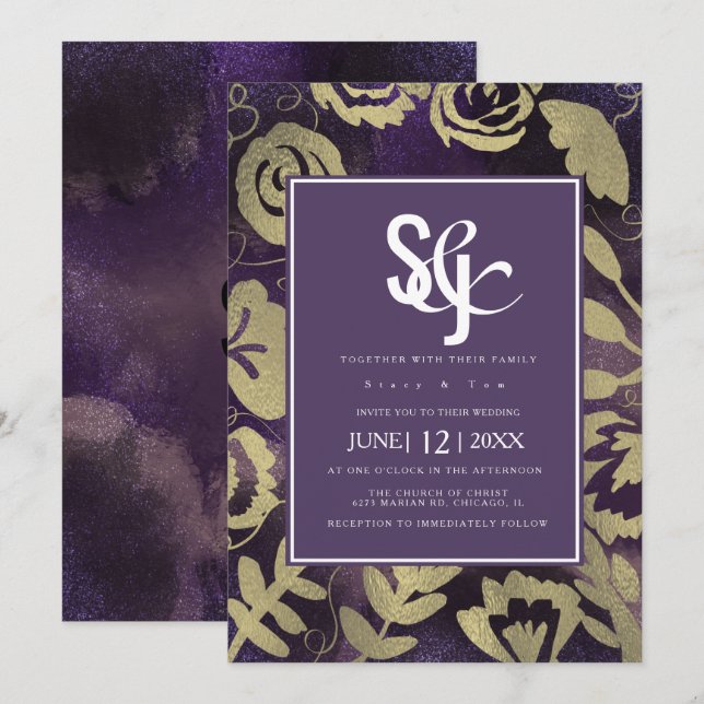 Botaniska Blommigten Garden Ro Guld Lila Bröllop Inbjudningar (Fram/baksida)