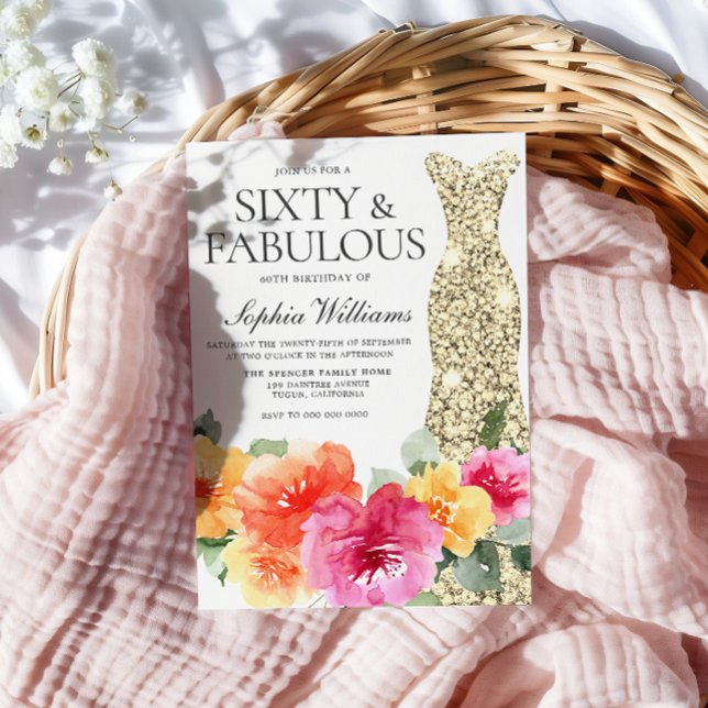 Botaniska Blommigten Guld Dress 60:e Födelsedagsfe Inbjudningar (Skapare uppladdad)
