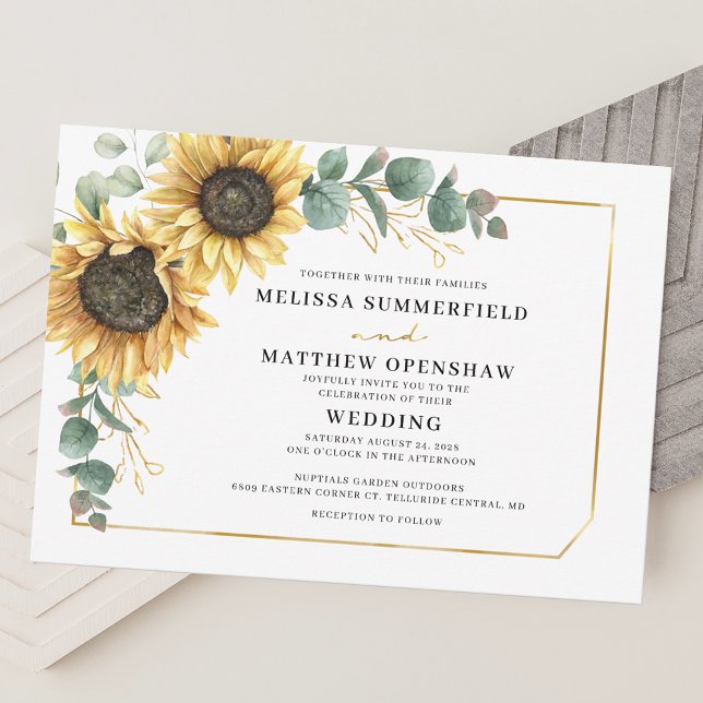 Botaniska Blommigten Solros Eucalyptus Bröllop Inbjudningar (Sunflower Floral Eucalyptus Wedding Invitation)