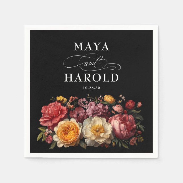 Botaniska Blommigten Svarta Moody Bröllop Pappersservett (Framsidan)