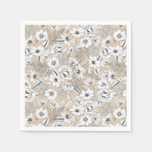 Botaniska blommigten teckning ferns tan beige pappersservett