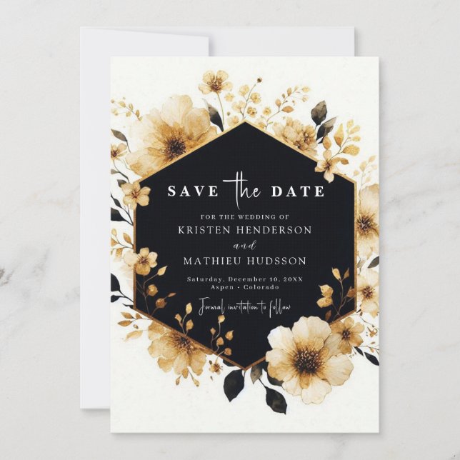 Botaniska blommor Guld och Svarta Bröllop Spara Datumet (Framsida)