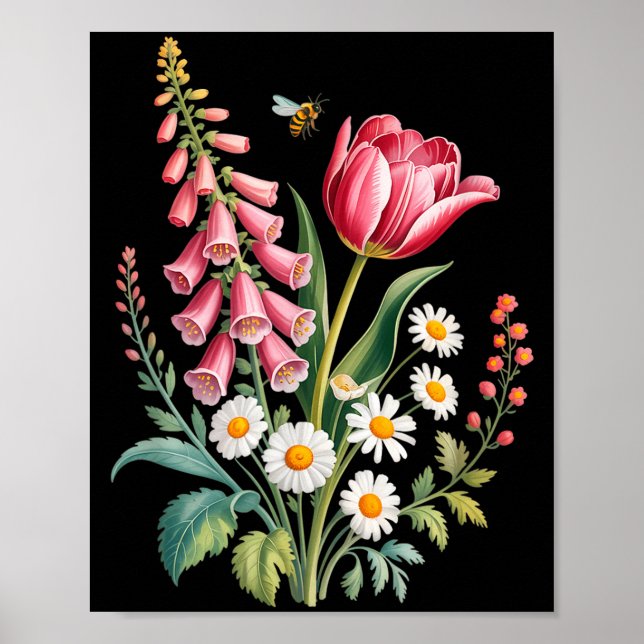 Botaniska blommor tusenskönor tulpan fingerborgsbl poster (Framsidan)