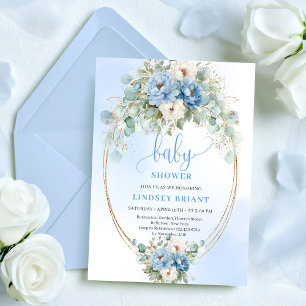 Botaniska Boho Blå Blommor Eukalyptus Baby Shower Inbjudningar