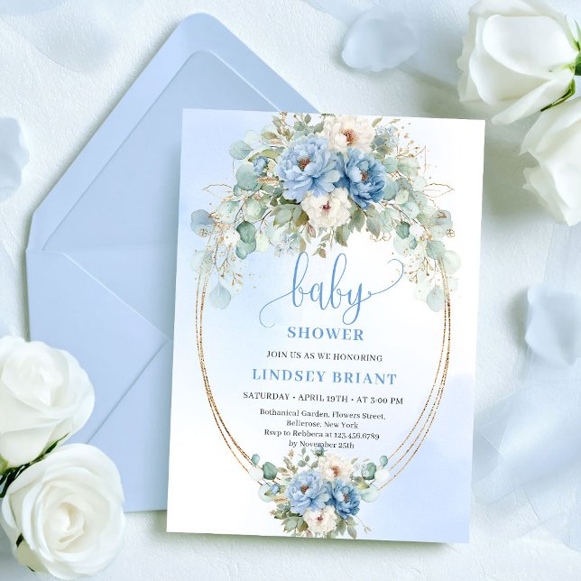 Botaniska Boho Blå Blommor Eukalyptus Baby Shower Inbjudningar (Botanical Boho Blue Flowers Eucalyptus Baby Shower)