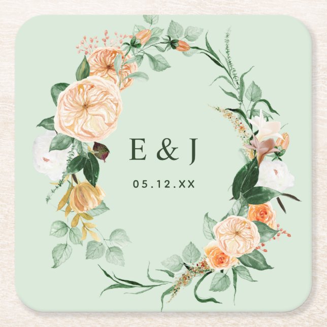 Botaniska Boho-Blommigten Greenery Monogram Bröllo Underlägg Papper Kvadrat (Framsidan)