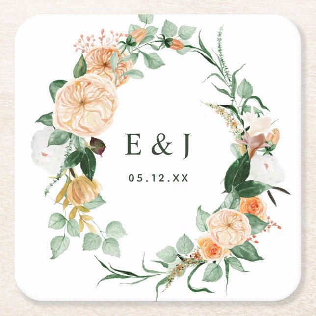 Botaniska Boho-Blommigten Greenery Monogram Bröllo Underlägg Papper Kvadrat (Framsidan)
