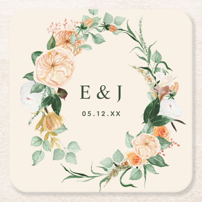 Botaniska Boho-Blommigten Greenery Monogram Bröllo Underlägg Papper Kvadrat (Framsidan)