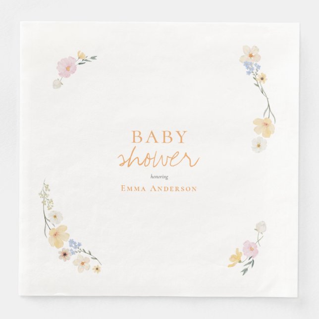 Botaniska Boho-blommor Script baby shower  Pappersservett (Framsida)