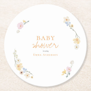 Botaniska Boho blommor Skript baby shower  Underlägg Papper Rund
