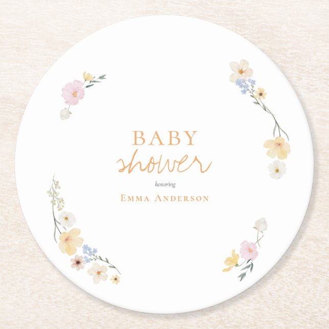 Botaniska Boho blommor Skript baby shower  Underlägg Papper Rund (Framsidan)