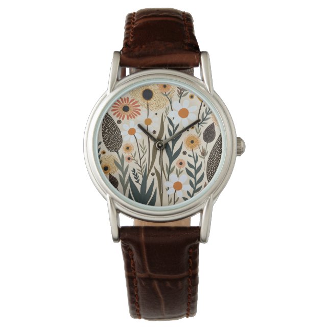 Botaniska Boho Blommor Växter Design 389 Armbandsur (Framsida)