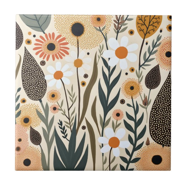 Botaniska Boho Blommor Växter Design 389 Kakelplatta (Framsidan)