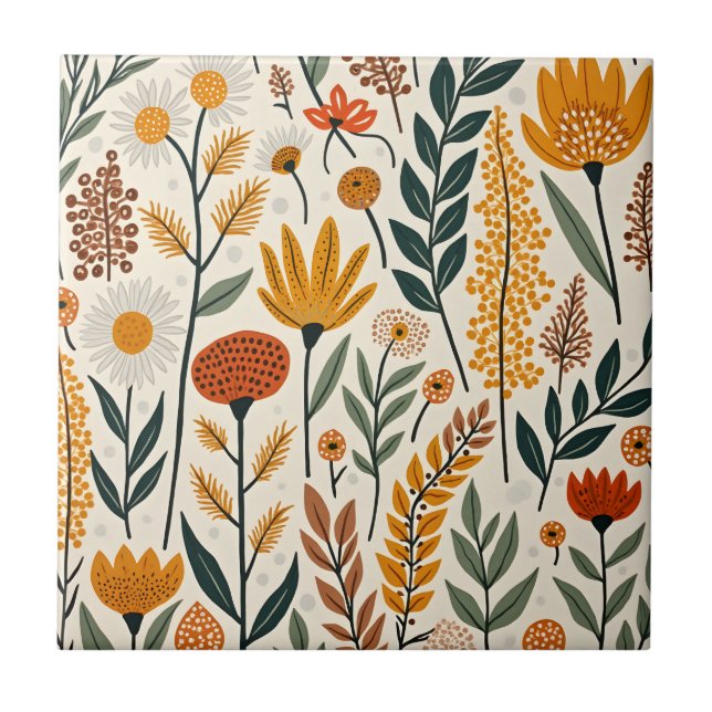 Botaniska Boho Blommor Växter Design 390 Kakelplatta (Framsidan)