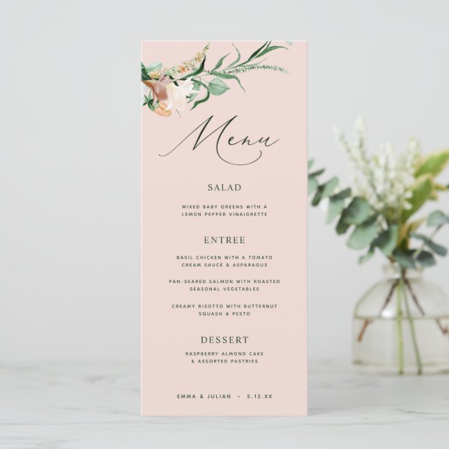 Botaniska Boho Greenery  Rosa Bröllop Menu Meny (Stående Fram)
