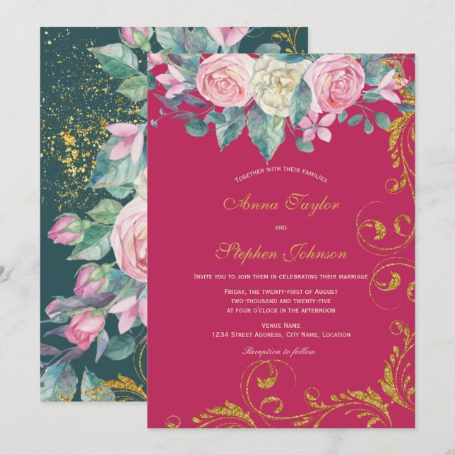 Botaniska Bouquet-Magentan Faux Guld Glitter Swirl Inbjudningar (Fram/baksida)