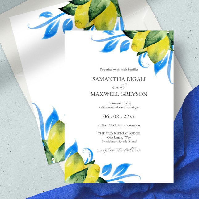 Botaniska Bröllop Lemons Watercolor Inbjudningar (wedding invitation Italian theme lemons yellow and blue watercolor)
