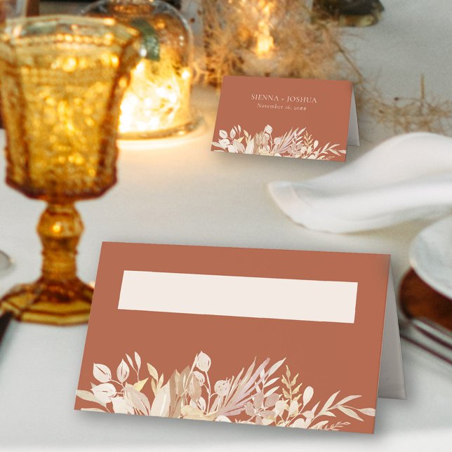 Botaniska Bröllop Terracotta Cream Personlig Placeringskort (Terracotta wedding place cards, personalized on the back)