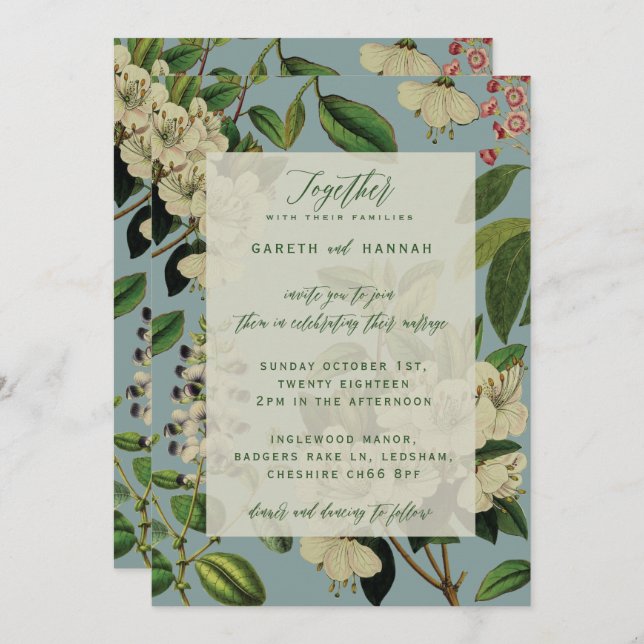 BOTANISKA BRÖLLOPSINBJUDNINGAR - ANKA ÄGG BLUE INBJUDNINGAR (Fram/baksida)