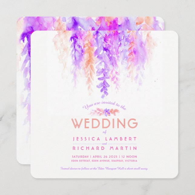 botaniska bröllopsinbjudningar för vattenfärgslila inbjudningar (Fram/baksida)