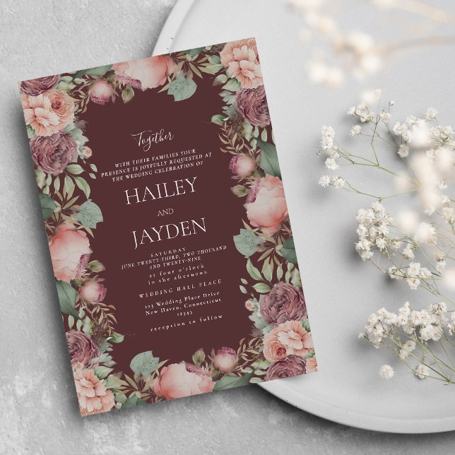 Botaniska burgunder rosa mintgröna peonior bröllop inbjudningar (Botanical burgundy pink mint green peonies wedding)