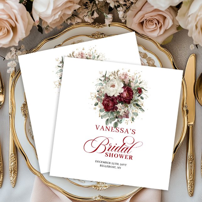Botaniska Burgundiska Blommiga Bröllopsdusch Serve Pappersservett (Botanical Burgundy Floral Bridal Shower Napkins)