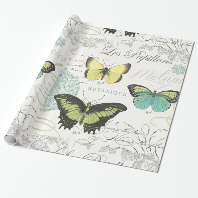 botaniska butterfiles för modern vintage presentpapper (Utrullad)