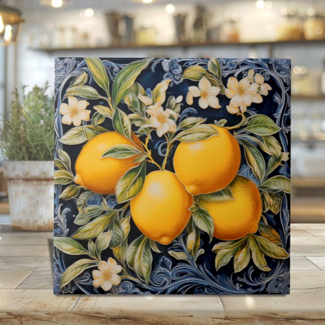 Botaniska Citroner Marinblå Kakelplattor (Botanical Italian Lemons on Navy - Ceramic Tile with filigree and blossoms)