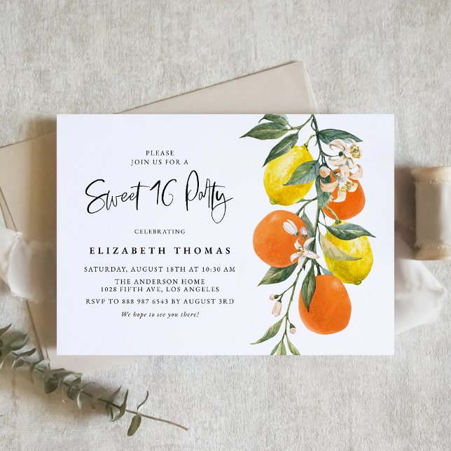 Botaniska citroner och Orangar Garland Sweet sixte Inbjudningar (Skapare uppladdad)