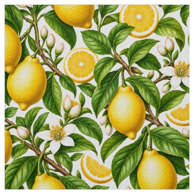 Botaniska citroner och vita blommor tyg (Provkarta)