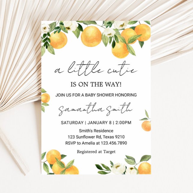 Botaniska citrusfrukter Orange Little Cutie Baby S Inbjudningar (Little Cutie Botanical Citrus Orange Baby Shower Invitation
)