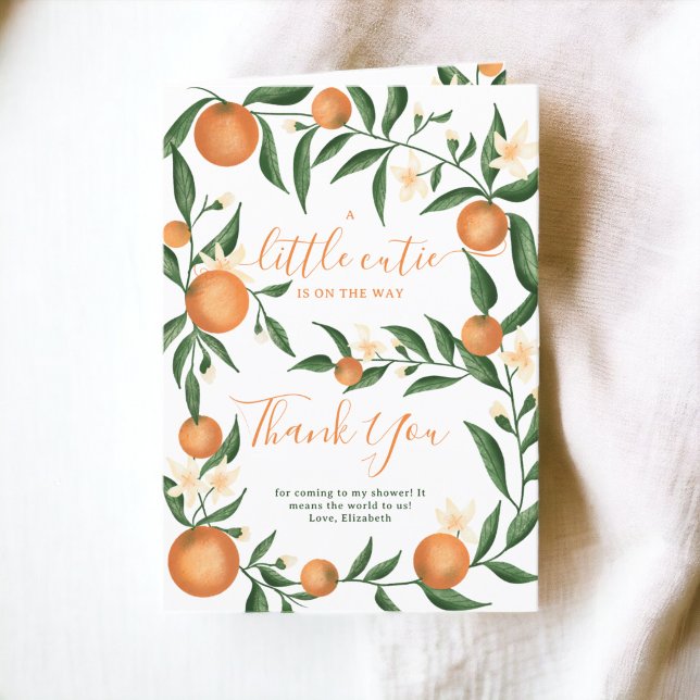 Botaniska citrusfrukter, orange med liten kutiebab tack kort (Botanical citrus orange little cutie baby shower thank you card)