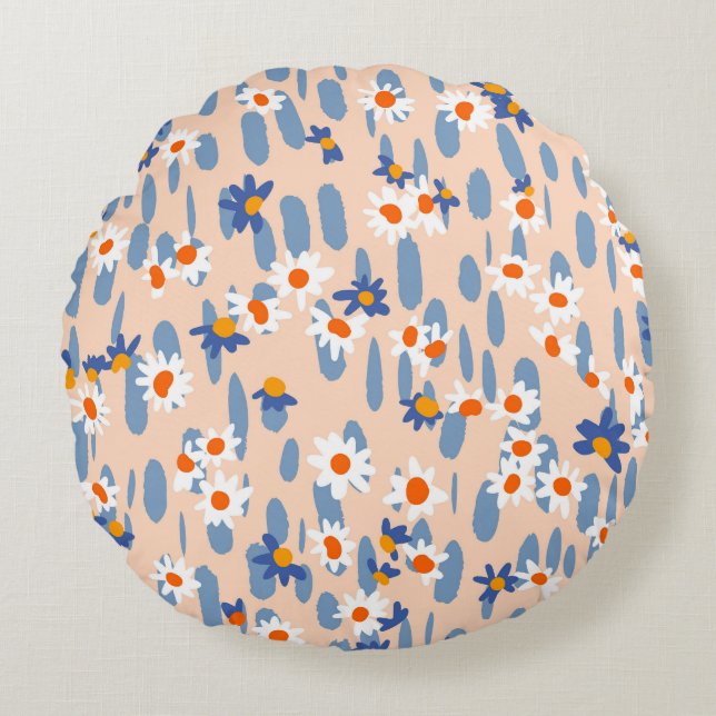 Botaniska Daisy: Vintage Sömlöst Mönster. Rund Kudde (Framsidan)