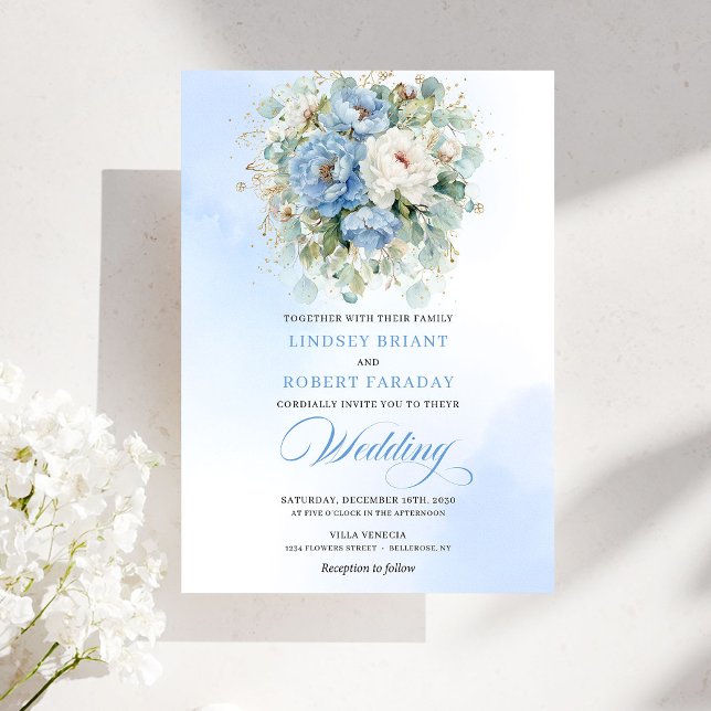 Botaniska dammiga blå vita peony bröllopsinbjudnin inbjudningar (Botanical Dusty Blue White Peony Wedding Invitation)
