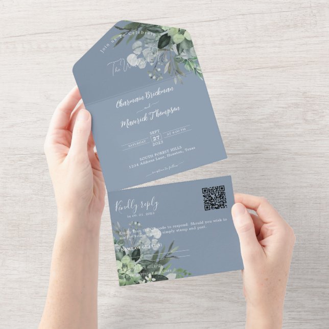Botaniska Dusty Blue QR-koden Bröllop (Avrivbar del)