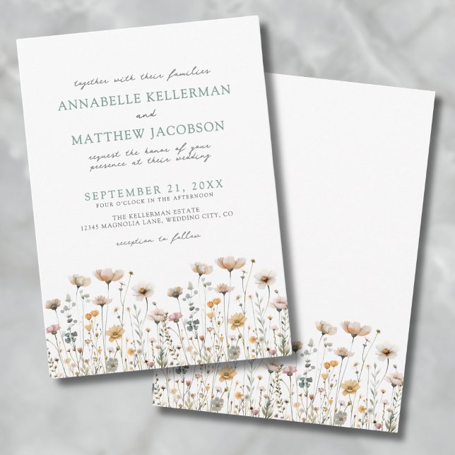 Botaniska Enkla Akvarell Vilda Blommor Bröllop Inbjudningar (Botanical Simple Watercolor Wildflower Wedding Invitation)