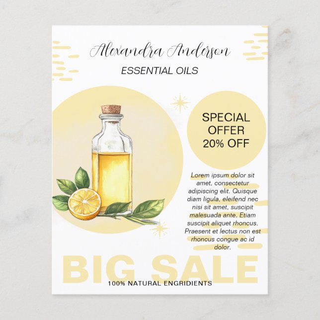 Botaniska eteriska oljor av citron Vattenfärg blom Flygblad (Framsidan)