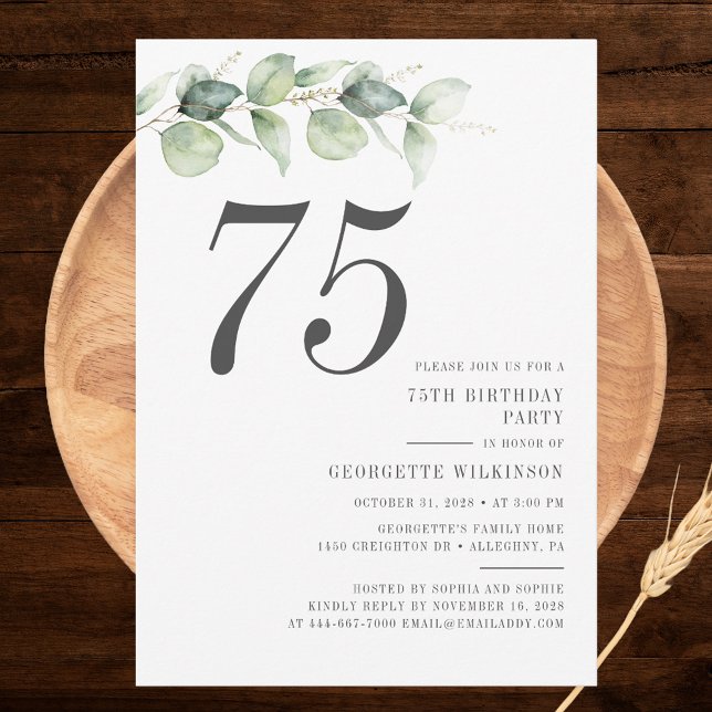 Botaniska Eucalyptus Greenery 75:e Birthday Inbjudningar (Modern Eucalyptus Minimalist 75th Birthday Party Invitation)