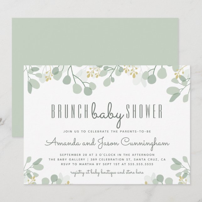 Botaniska eukalyptus Foliage Baby Shower Brunch Inbjudningar (Fram/baksida)
