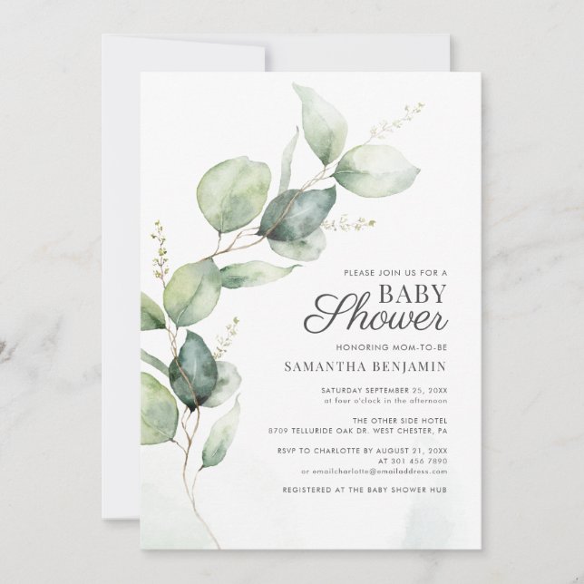 Botaniska eukalyptus Greenery Baby Shower Inbjudningar (Framsida)