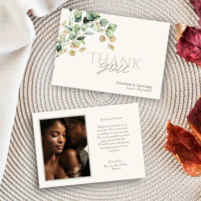 Botaniska eukalyptus Greenery & Guld Photo Bröllop Tack Kort (Skapare uppladdad)