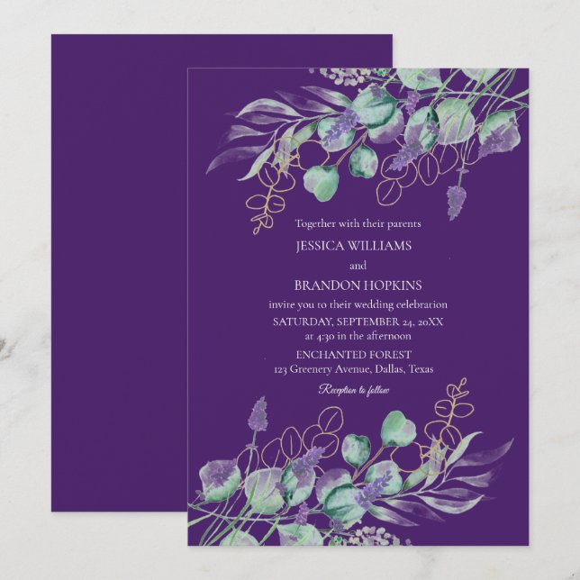 Botaniska eukalyptus Lavender Lila Bröllop Inbjudningar (Fram/baksida)
