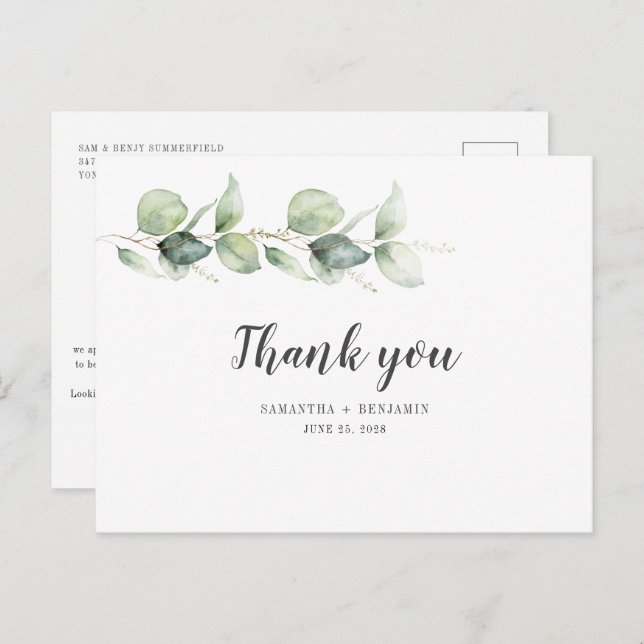 Botaniska eukalyptus Vattenfärgsblad Foliage Bröll Vykort (Fram/baksida)